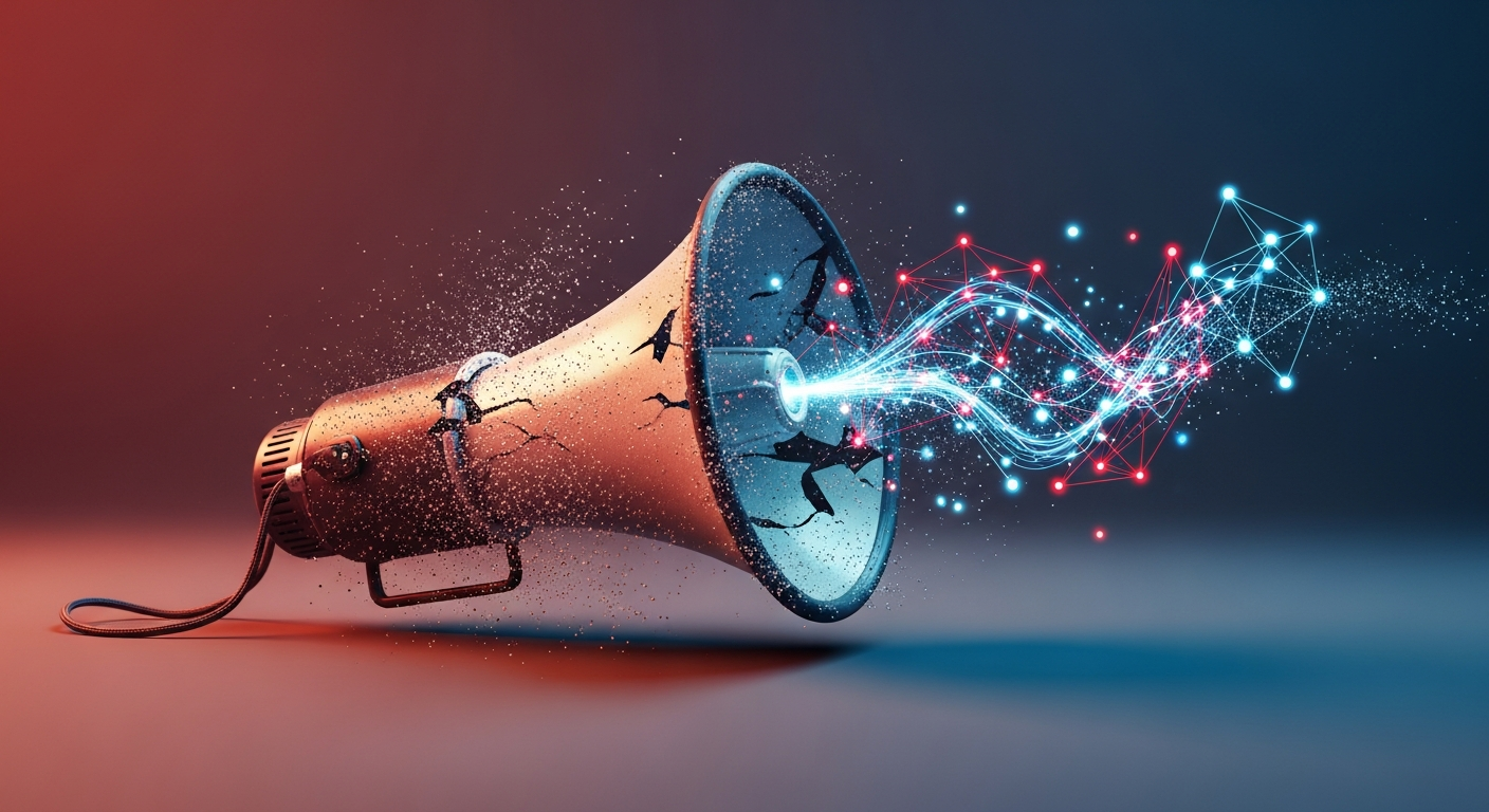 Visual metaphor showing traditional PR tools fading while modern digital communication networks emerge, representing PR's evolution.