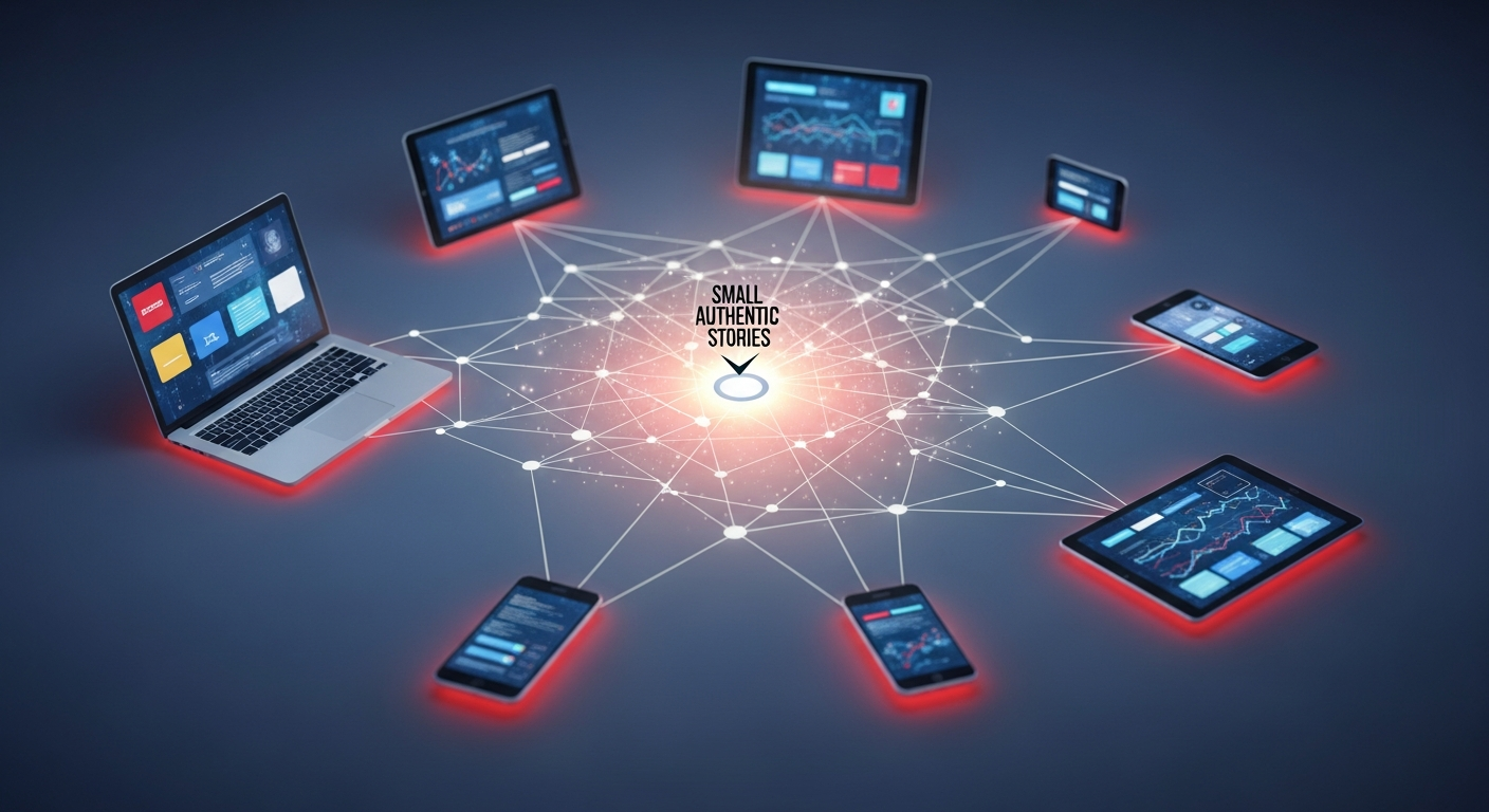 An abstract visual showing a small business's authentic story radiating from a central point, connecting through a network of digital screens, symbolizing effective modern PR in a noisy media landscape.