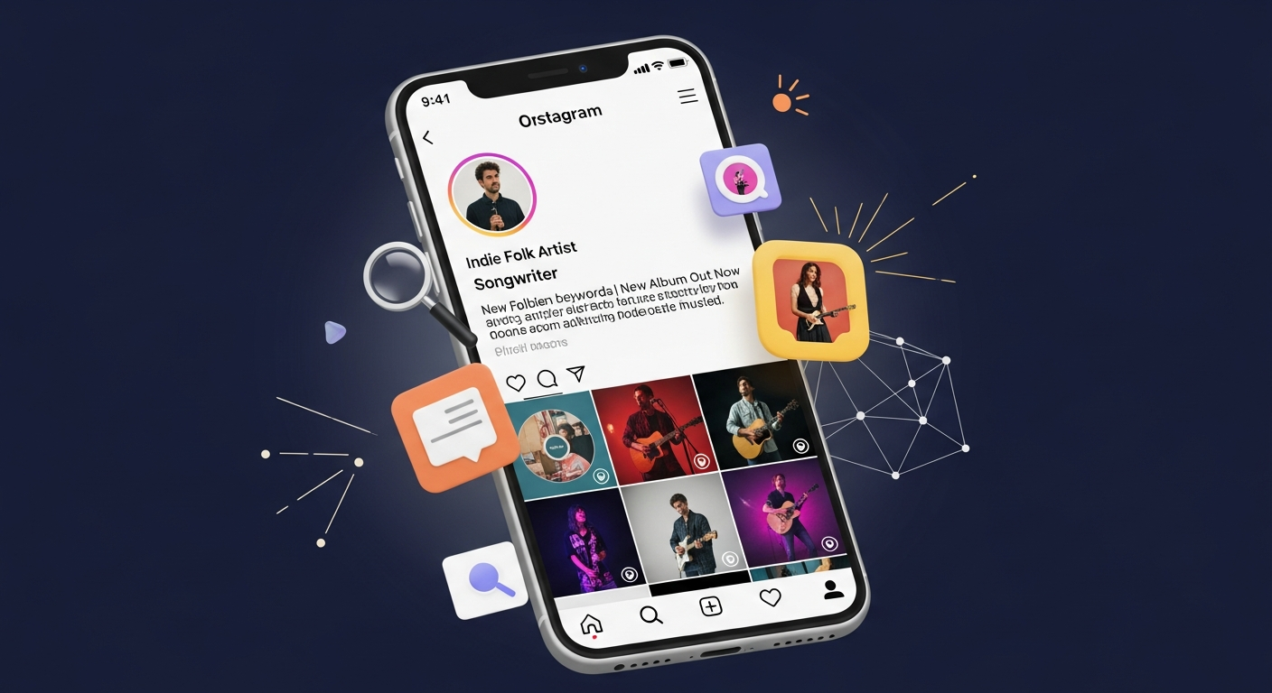 Stylized Instagram profile screen showing an optimized artist's page with a professional photo, clear bio, and consistent branding, representing profile optimization for musicians.