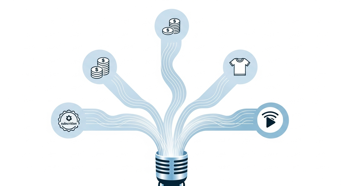 Visual concept of diversified income streams for independent musicians, showing multiple revenue channels flowing from a central music source, symbolizing varied monetization strategies.