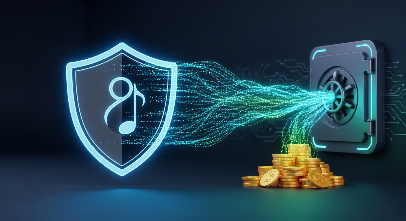 Digital illustration of protecting TikTok music copyright and claiming song royalties.