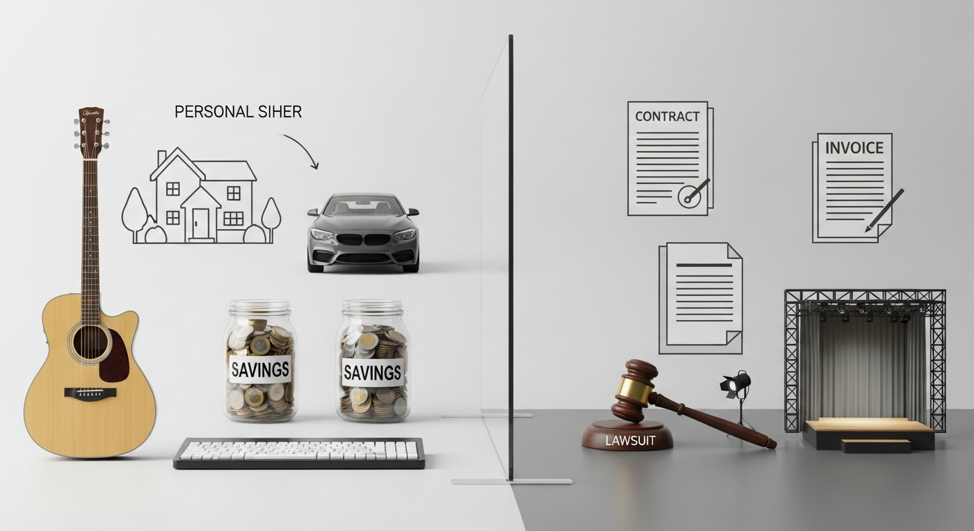 Visualizing asset protection for musicians, showing personal assets shielded from music business liability with a formal legal structure.