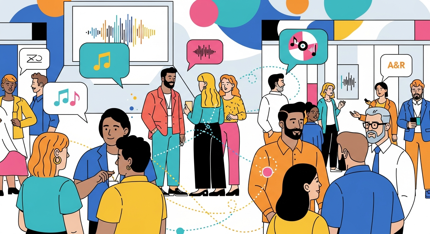Music industry professionals networking at a music business conference, fostering indie artist promotion and connections.
