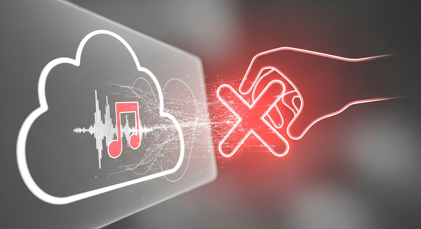 Digital hand removing infringing content, representing a DMCA takedown notice for stolen music.