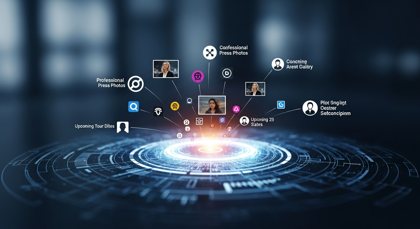 Conceptual image of a digital press kit (EPK) as a centralized hub of information for musicians, showcasing artist bio, music, and photos.