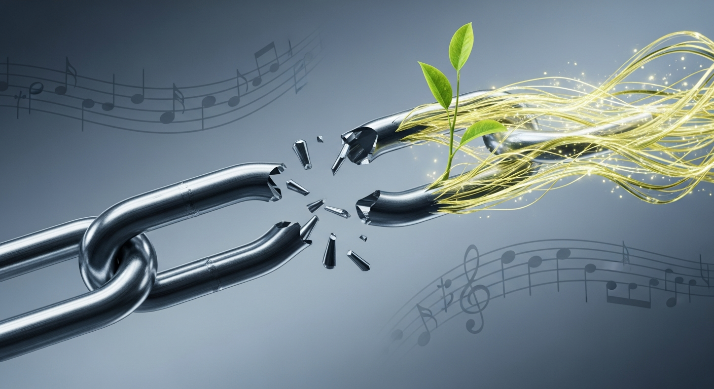 Visual representation of breaking the short-shelf-life cycle by repurposing music assets for sustainable music promotion.