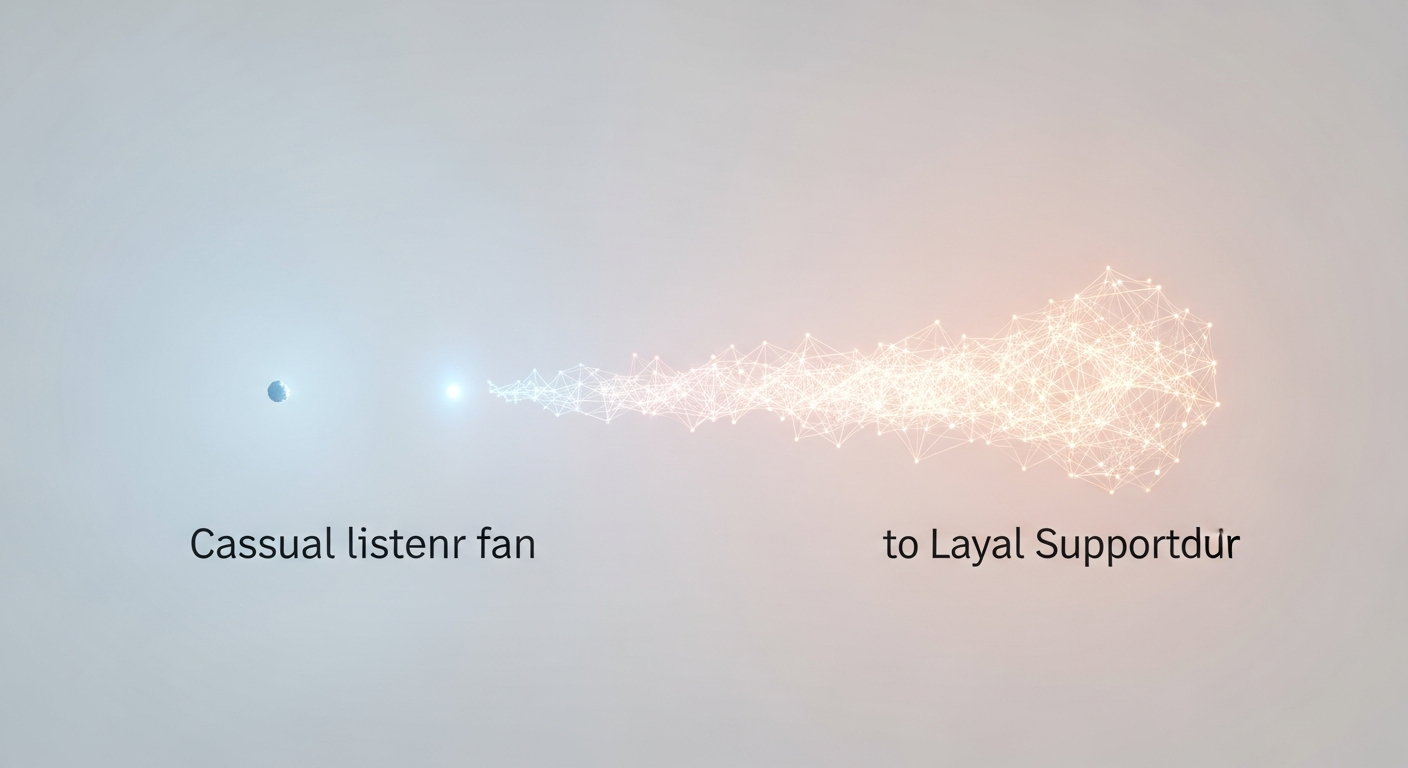 Visual concept of a music fan's progression from casual listener to loyal supporter, showing growth and connection.