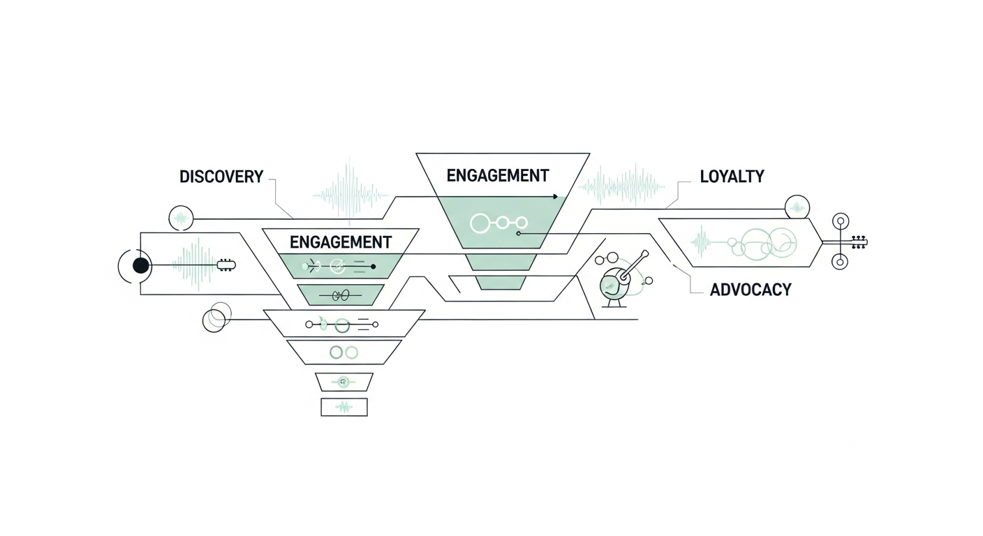 Visual representation of the music marketing funnel for artists, illustrating different stages of the fan journey from discovery to loyal advocacy, highlighting how to grow music audience.