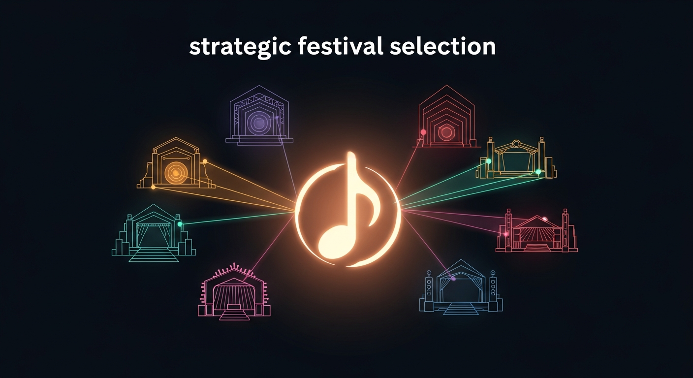 Abstract illustration depicting strategic festival selection and genre alignment for music festival applications, showing a musical note matching with appropriate festival styles.