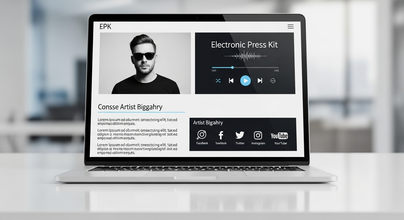 Professional Electronic Press Kit (EPK) for independent artist festival submission, showcasing essential components for music festival applications and getting gigs at festivals.