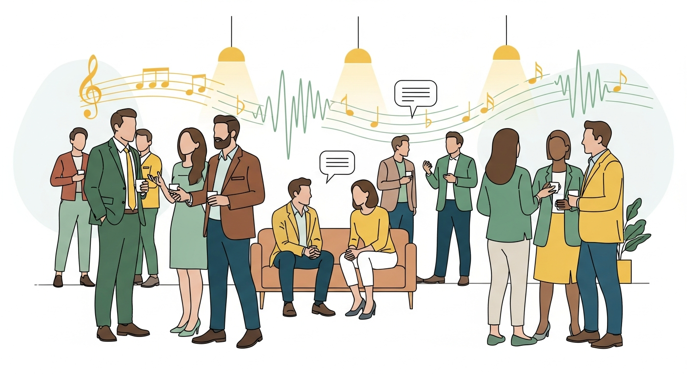Illustration of independent artists and music professionals networking at a conference, emphasizing music industry connections and career growth.