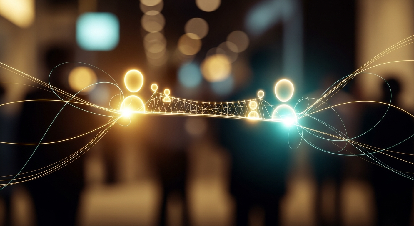 Abstract representation of music networking tips and in-person connections at music industry events.