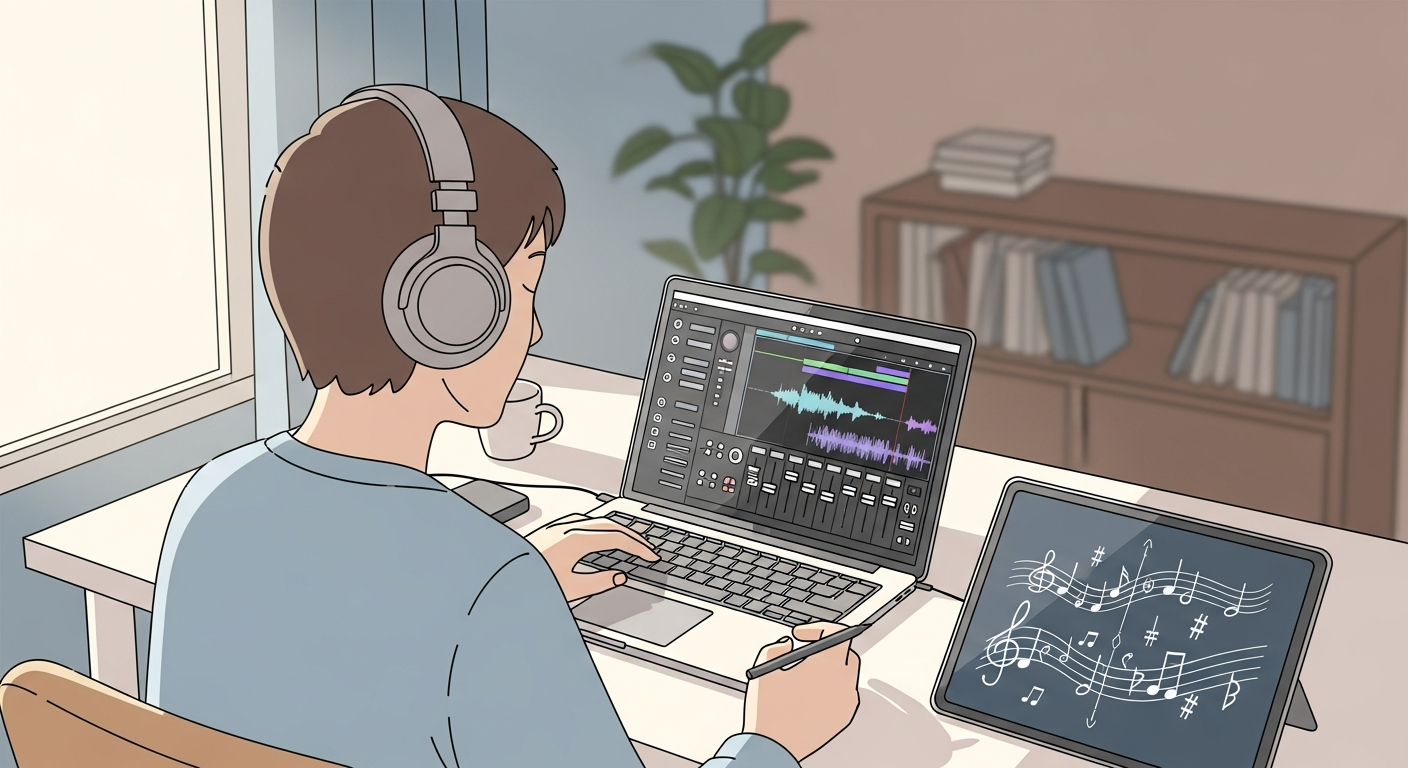 Independent artist learning music marketing strategies through podcasts while creating music