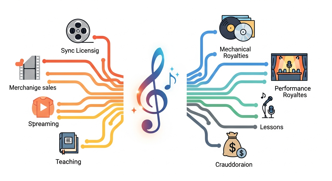 Infographic showing diverse music revenue streams for indie artists, including sync licensing, mechanical royalties, and performance rights.