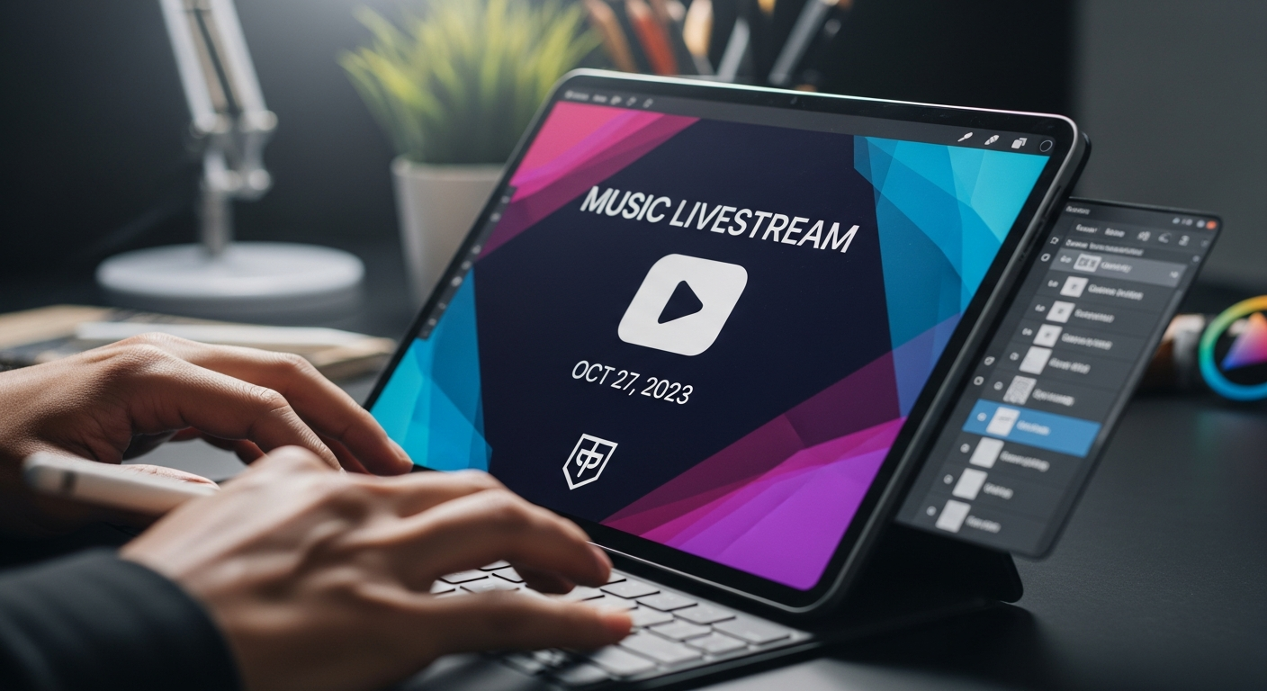 Artist designing captivating visuals for music livestream promotion and announcement on a tablet.
