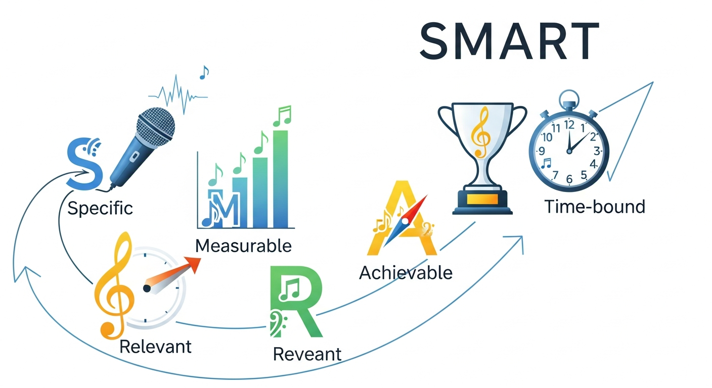 Illustrative representation of SMART goals for musicians, demonstrating how to set effective music goals for an artist promotion strategy.