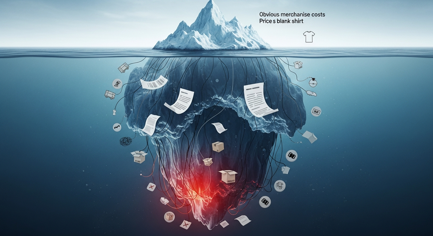 An iceberg representing hidden artist merchandise costs, with the visible tip showing direct costs and the submerged part revealing invisible expenses that affect musician merch profit margins.
