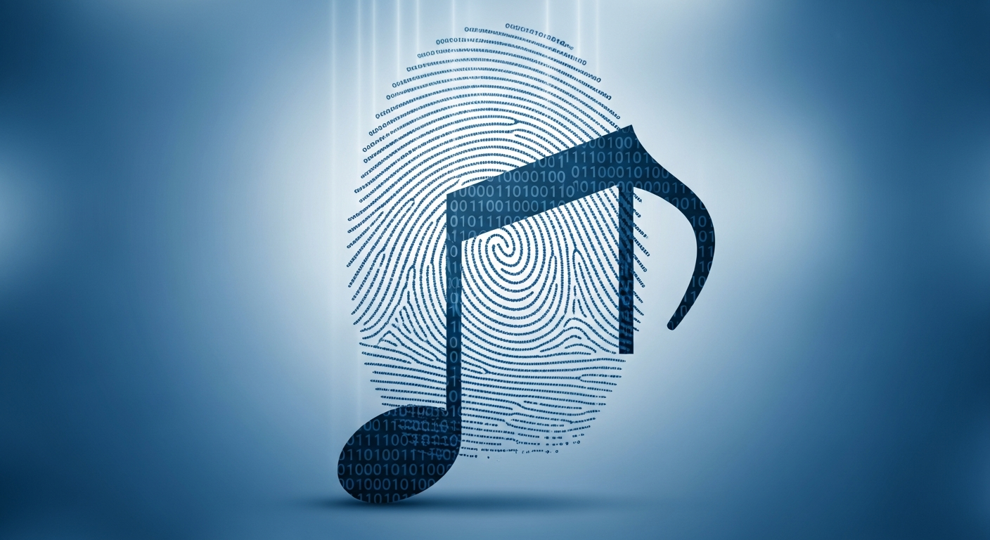 Digital fingerprint on musical note representing music metadata