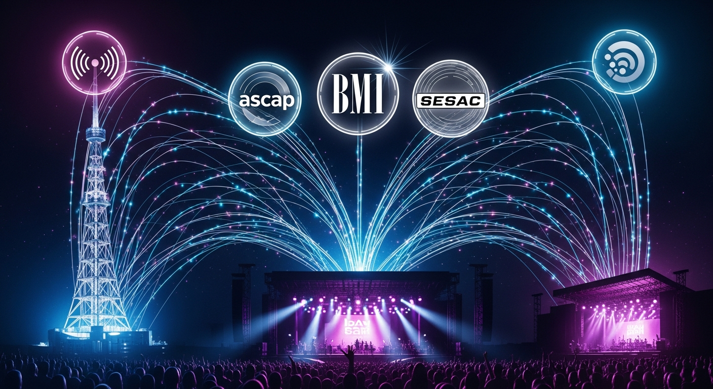 Visual representation of Performing Rights Organizations (PROs) like ASCAP, BMI, and SESAC monitoring music performances and collecting royalties.