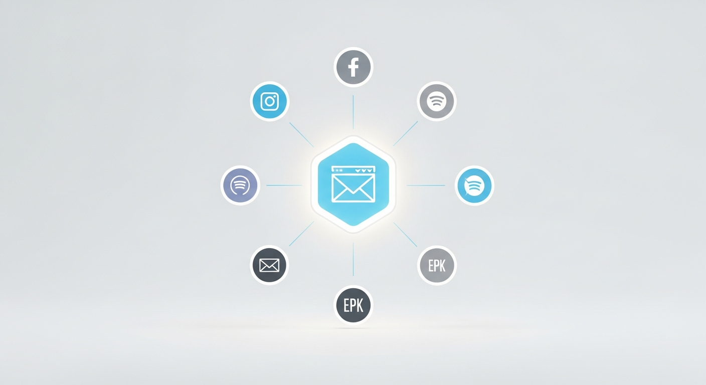 Visual representation of an indie artist's digital hub, with a central website connecting to various online platforms for marketing.