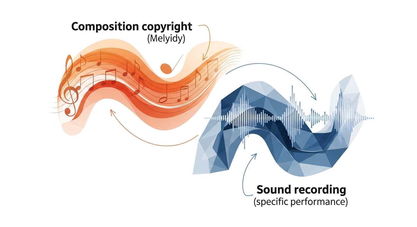 Visual representation distinguishing between composition copyright and sound recording copyright, key concepts in music publishing for independent musicians.