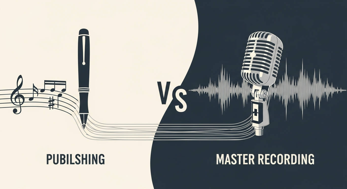 Visual explanation distinguishing publishing royalties from master recording royalties for independent artists, highlighting different music rights.