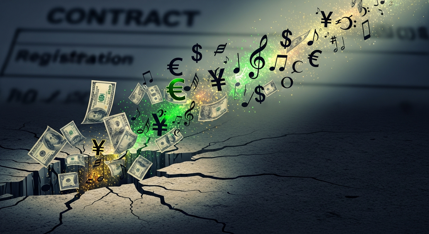 Conceptual image illustrating lost music royalties due to inaccurate song registration.