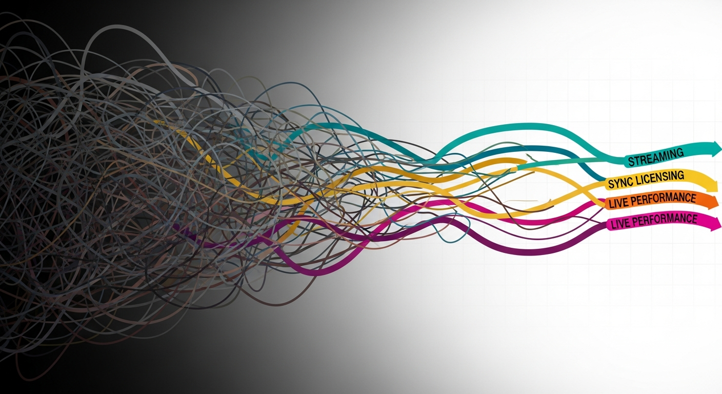 Visual representation of simplifying complex music royalty statements and financial data for independent musicians.
