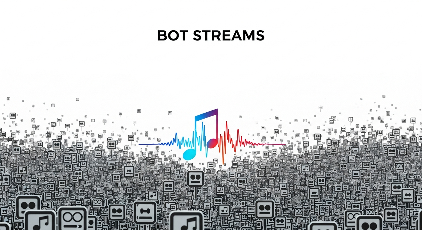 Visual representation of bot streams overwhelming genuine music, highlighting music industry fraud and the dangers of artificial engagement for artists.