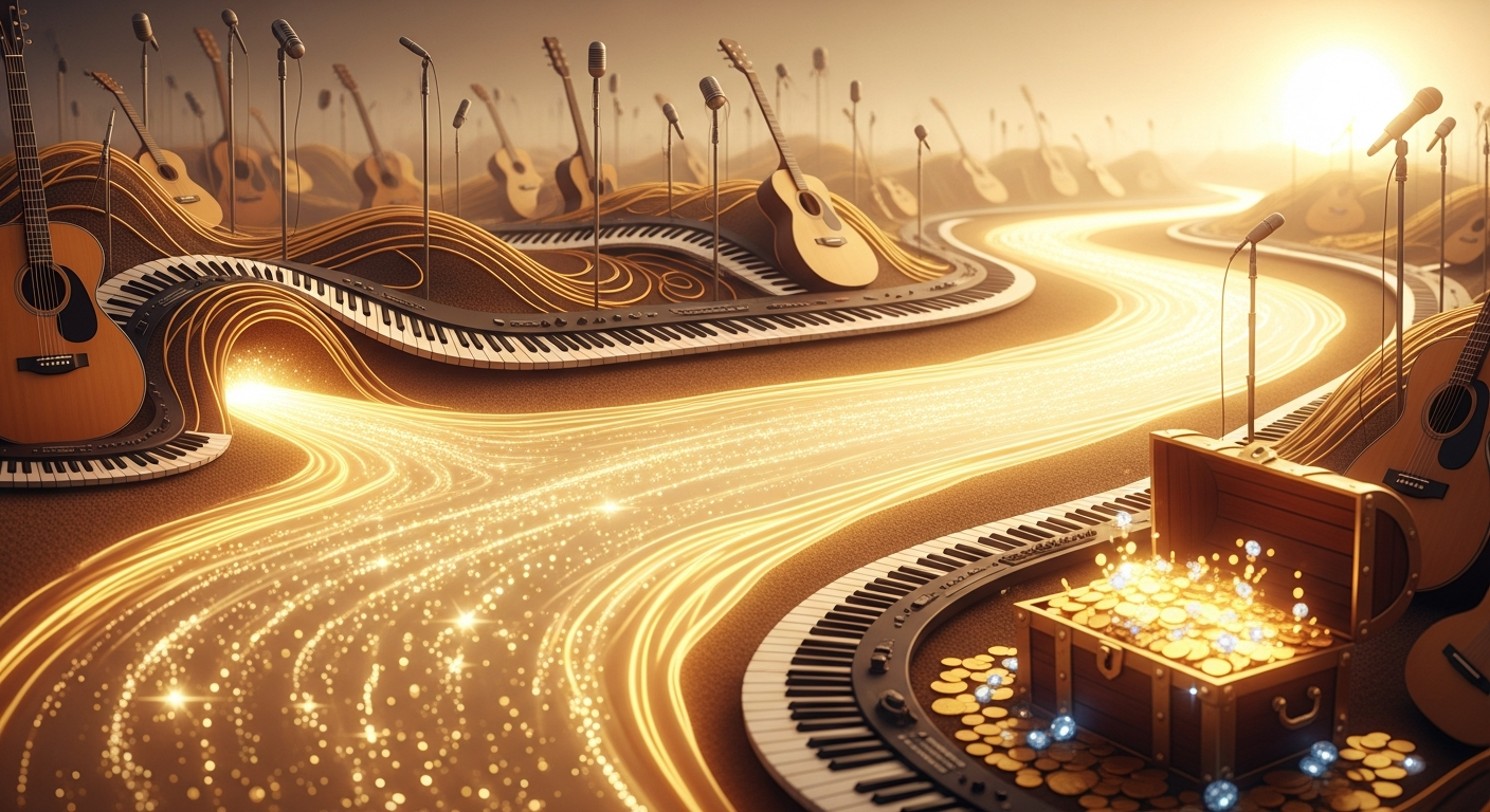 Golden river of revenue flowing through musical instruments, symbolizing untapped sync licensing royalties for independent artists.