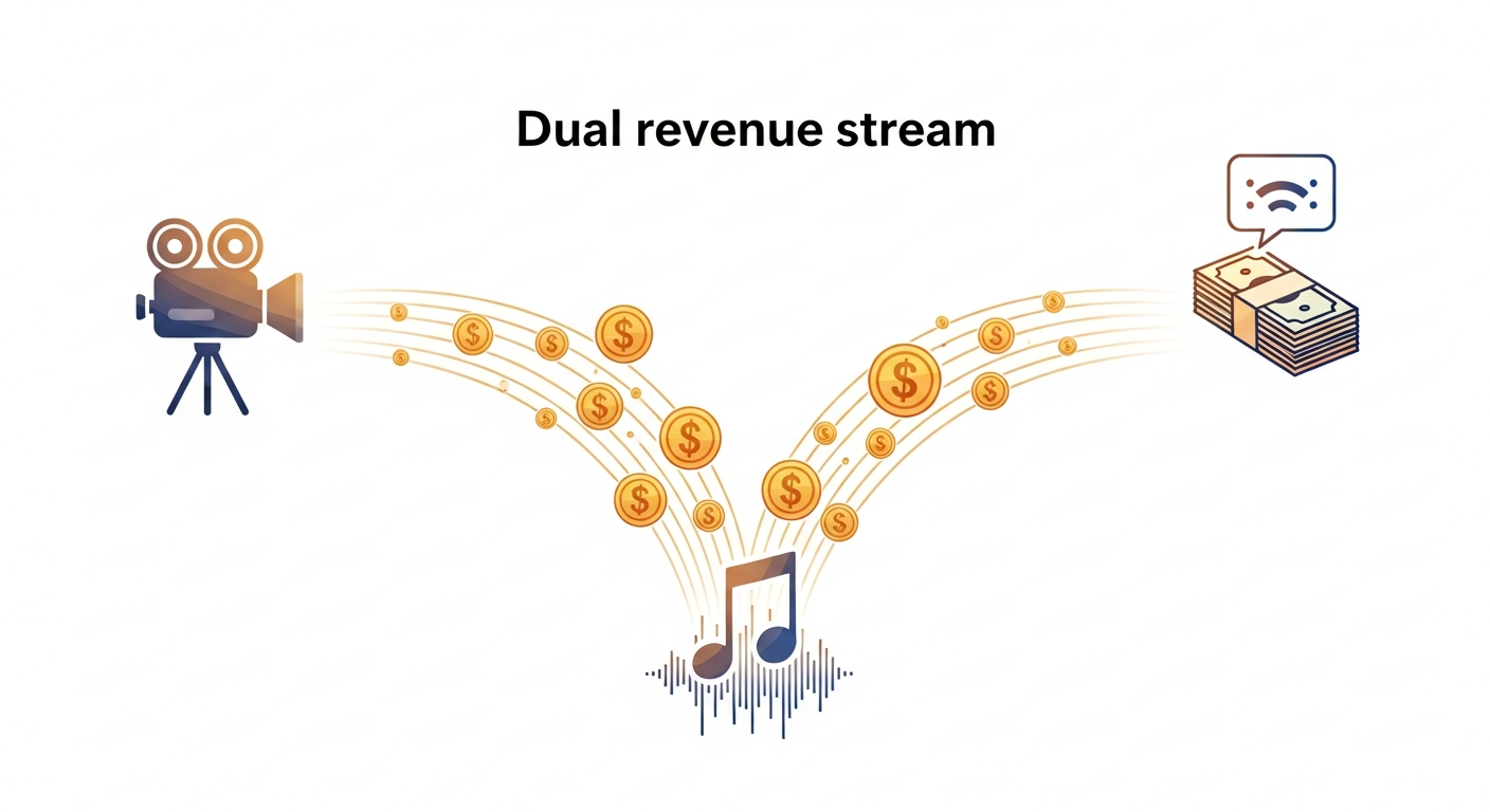 Illustration of dual revenue streams from music sync licensing, depicting income from upfront fees and ongoing performance royalties for independent artists.