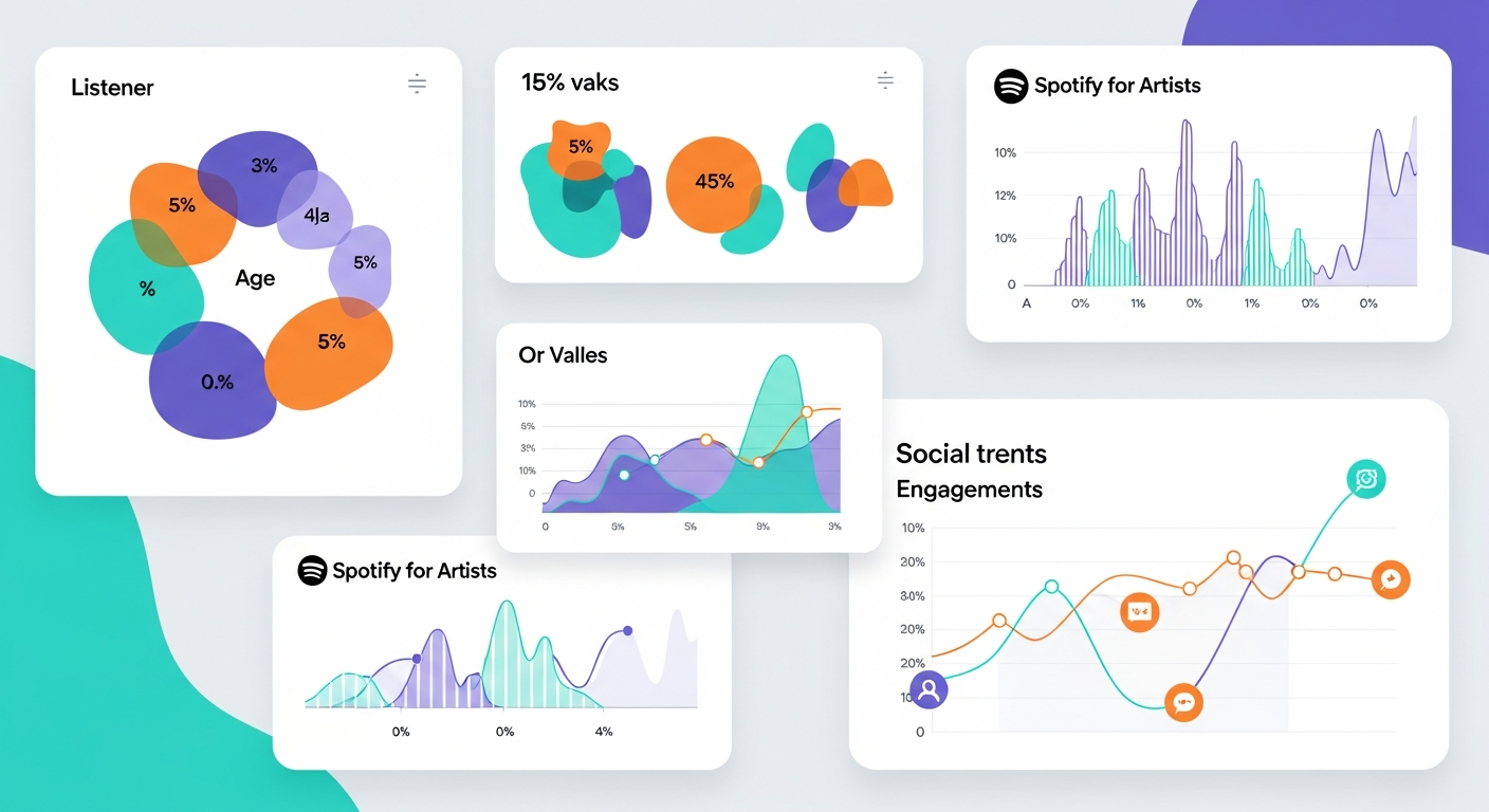 Music analytics dashboard showing fan demographics, social media insights, and Spotify for Artists data for independent musicians.