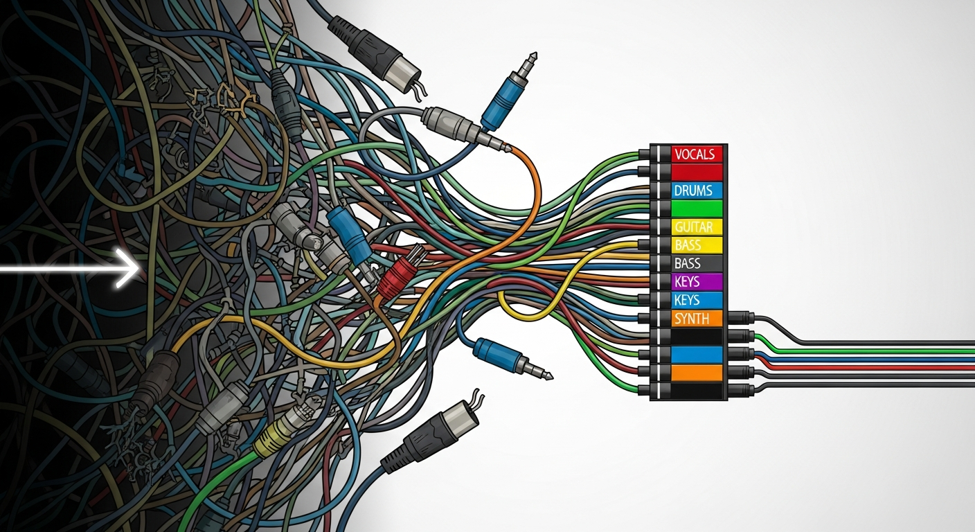 Organized audio connections representing efficient music project management