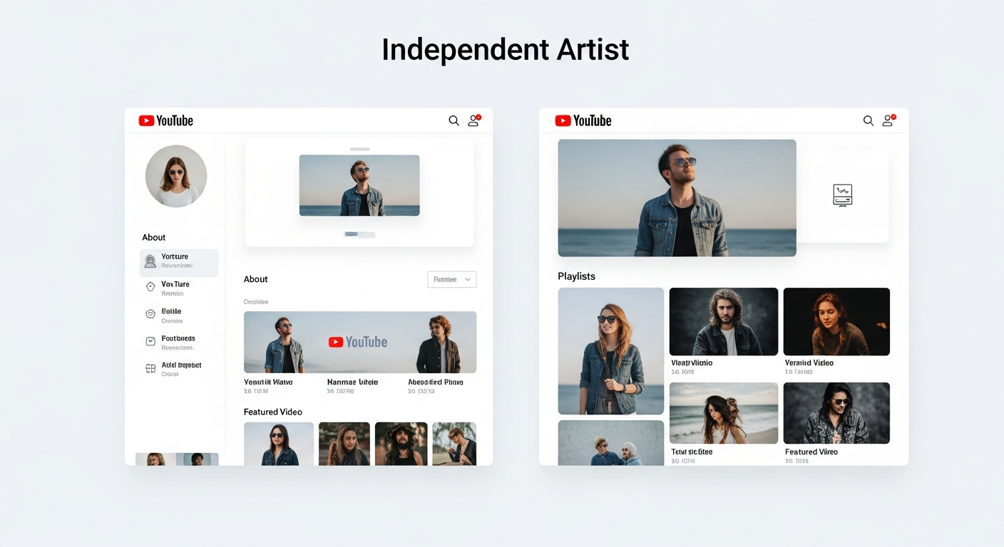 Optimized independent artist YouTube channel layout with consistent branding, playlists, and featured video, essential for music video discoverability.
