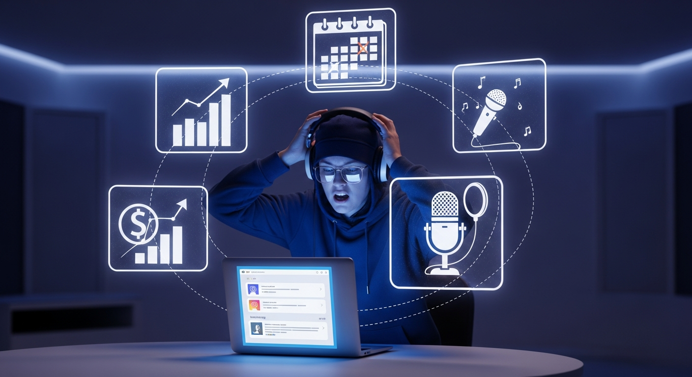 Conceptual image illustrating the many demands and responsibilities of an independent artist, from songwriting to marketing, highlighting music career demands.
