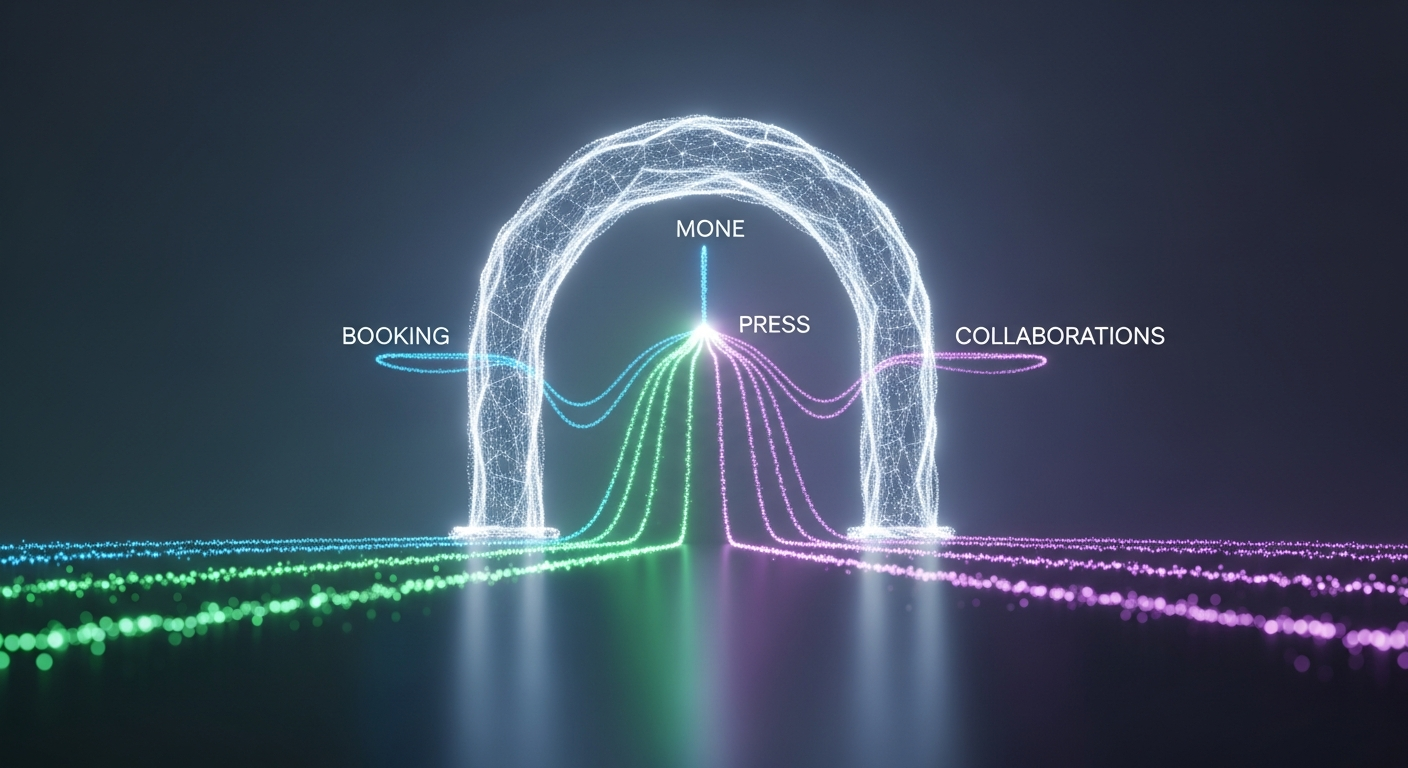 Digital gateway symbolizing a musician's contact page as a hub for booking agents, press, and music industry opportunities.