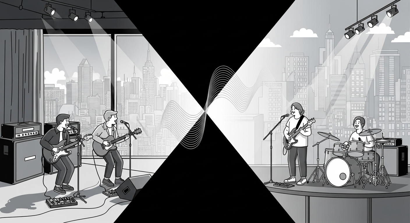 Musician gig swap illustrating cross-promotion for bands and booking out-of-town gigs.