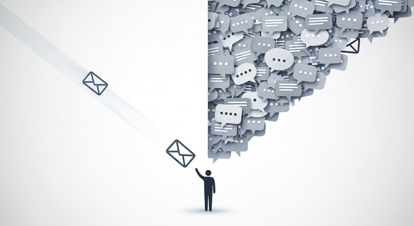 Email marketing for musicians: A visual contrast showing direct email communication versus noisy social media feeds for fan engagement.