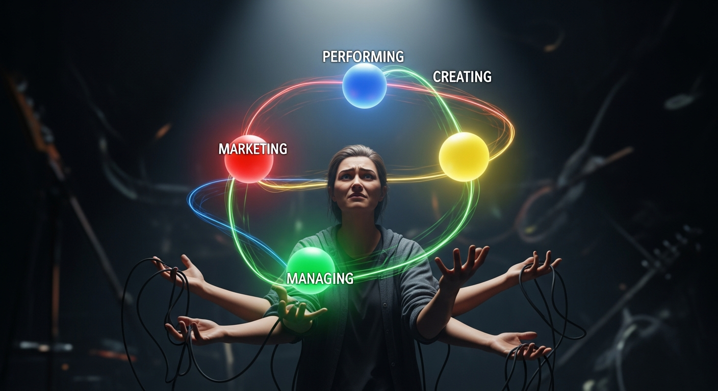Independent artist experiencing the pressure and stress of managing multiple roles in a DIY music career.