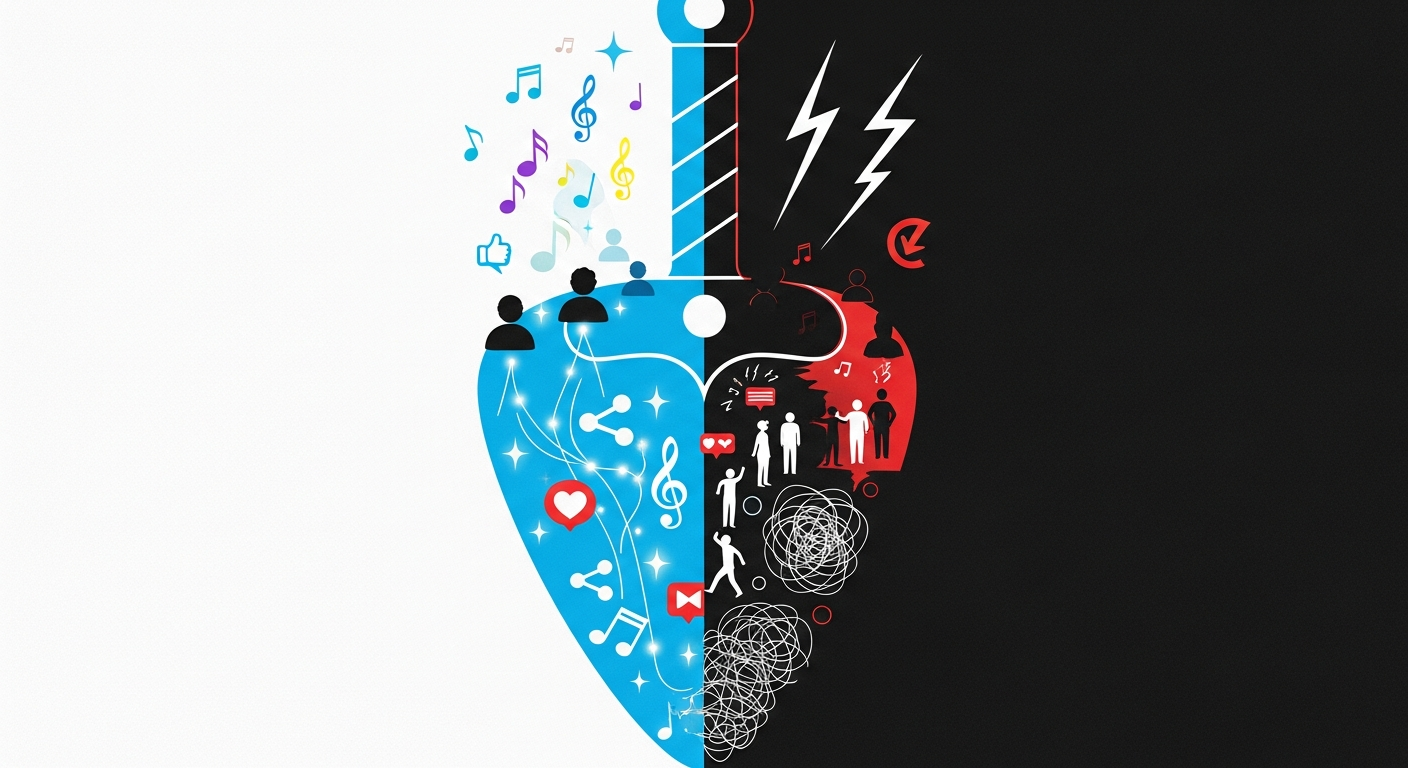 Conceptual image illustrating the double-edged sword of social media for musicians, showing both benefits and mental health challenges.