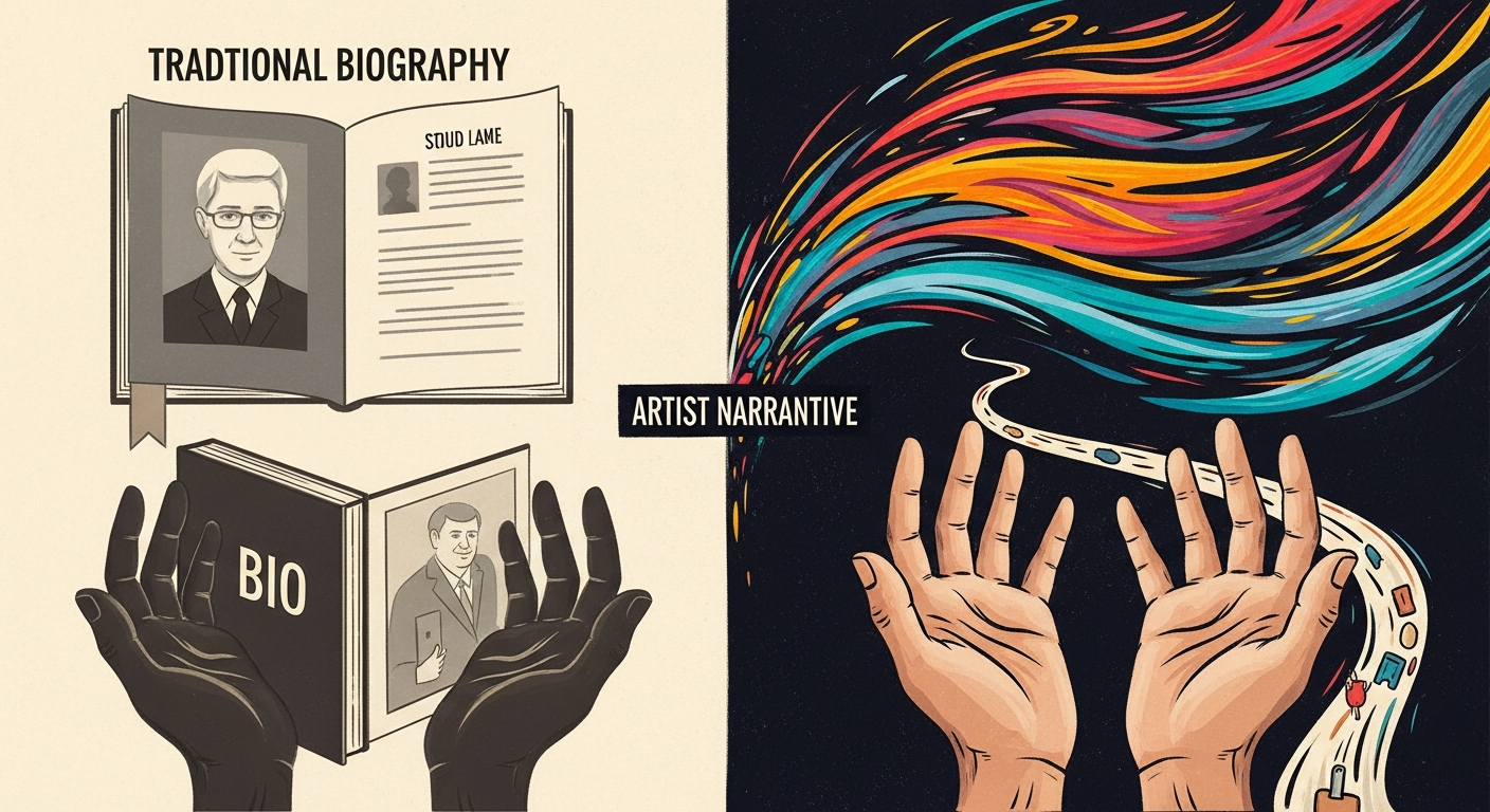Illustration contrasting a static artist biography with a dynamic, evolving musician storytelling narrative, highlighting the unique artist identity and emotional core.