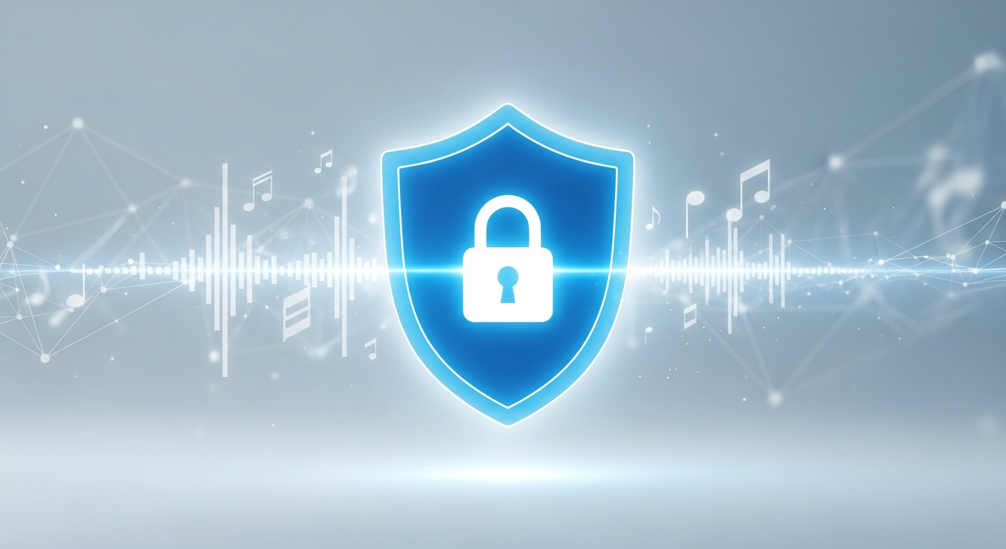 Establishing artist credibility and authenticity: A digital shield with musical elements, representing trust in the music industry and musician social media presence.
