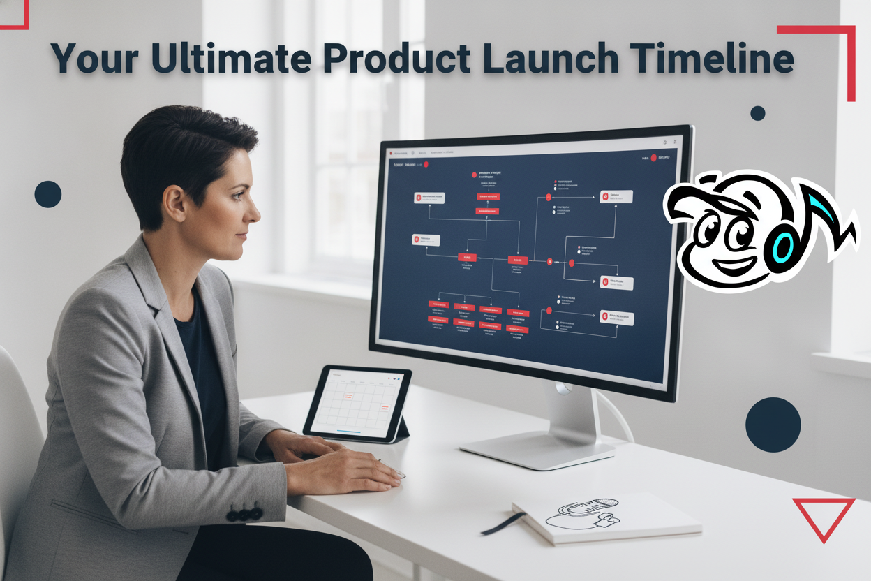 Professional reviewing a new product launch timeline and strategic plan on a digital screen.