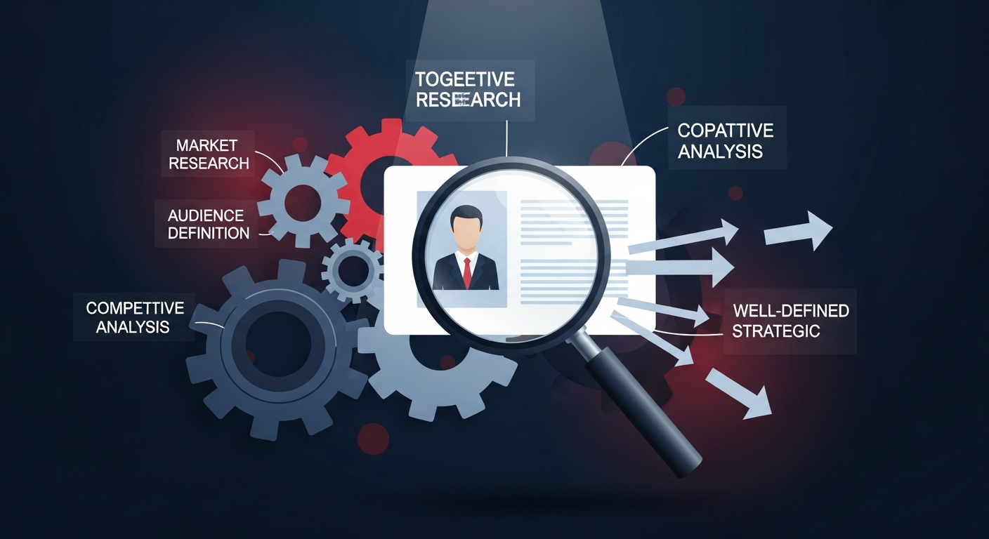 Conceptual illustration of market research, audience definition, and competitive analysis forming a go-to-market strategy.
