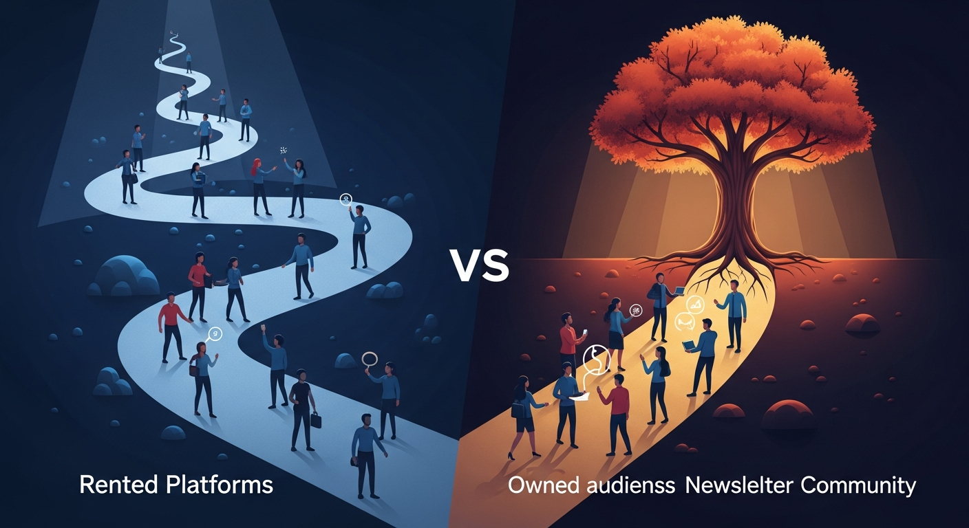 Visual metaphor comparing the stability of an owned newsletter audience to the unpredictability of rented social media platforms.