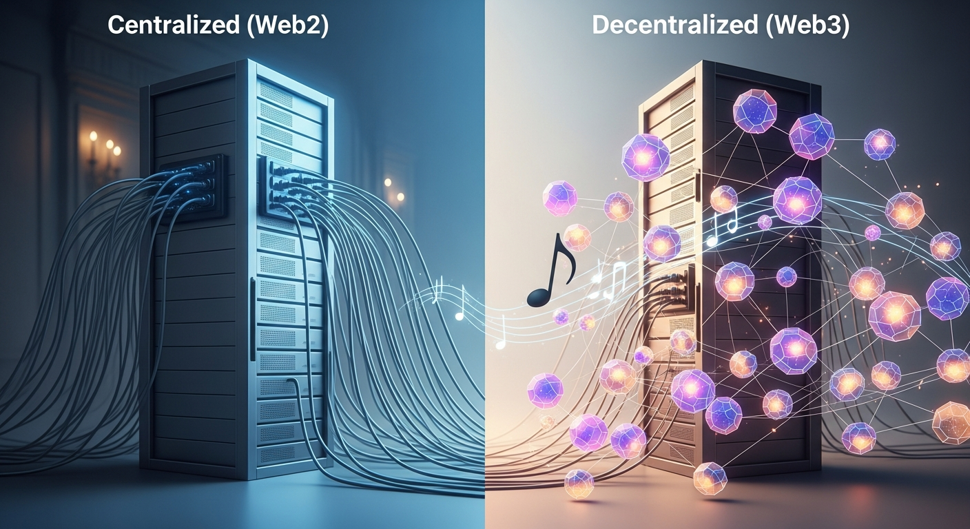 Visual comparison of centralized Web2 music platforms versus decentralized Web3 music opportunities and blockchain royalties.
