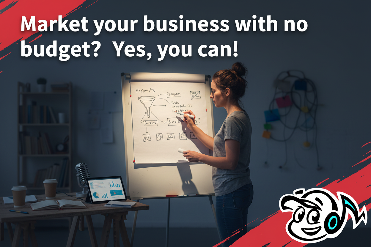 Small business owner strategizing low-cost marketing ideas on a whiteboard, symbolizing overcoming budget challenges with creativity and resourcefulness.