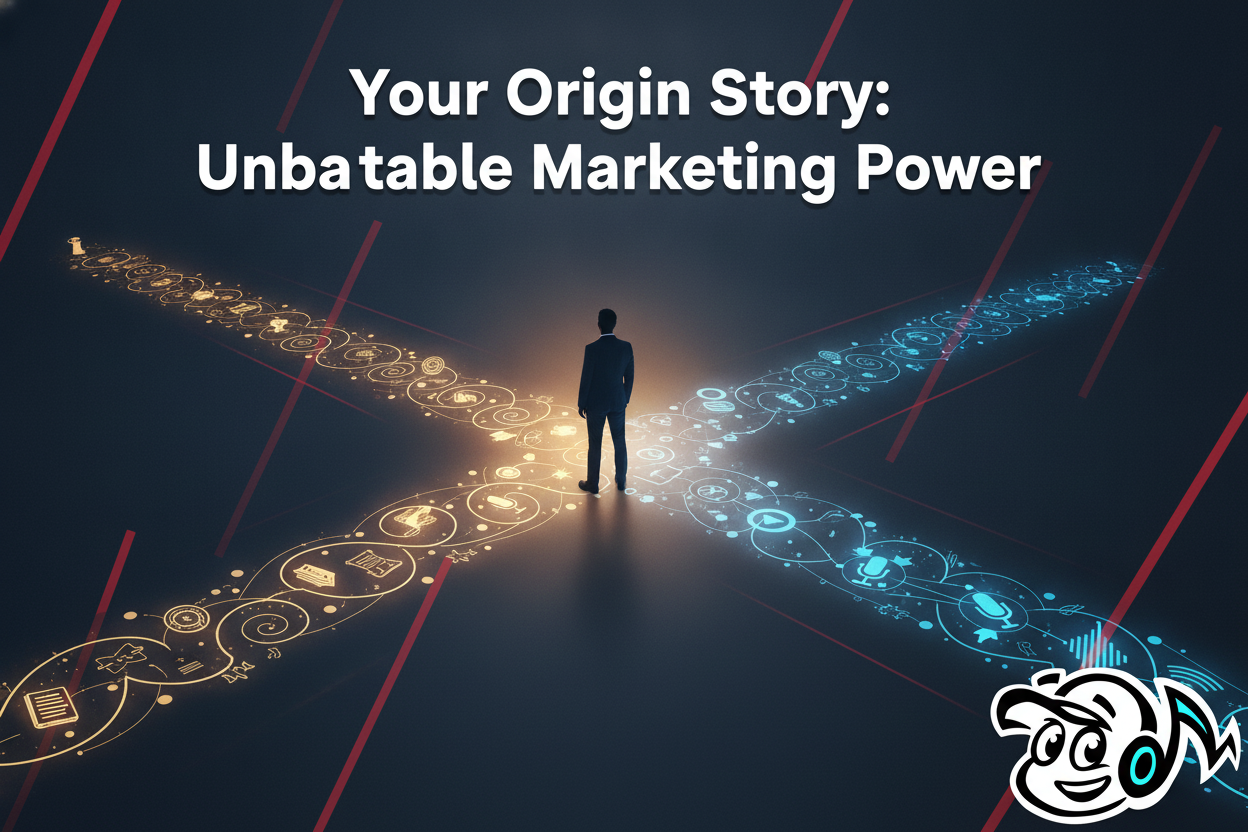 A founder's journey depicted as a winding path, highlighting the power of an origin story in marketing and building authentic connections.
