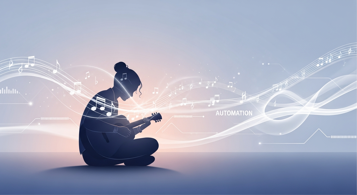 Independent musician achieving financial freedom and creative peace through passive income, symbolizing reduced burnout and artistic focus.
