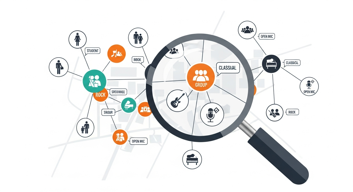Magnifying glass over a map of music venues, symbolizing strategic research for independent artist promotion and venue contact strategy.